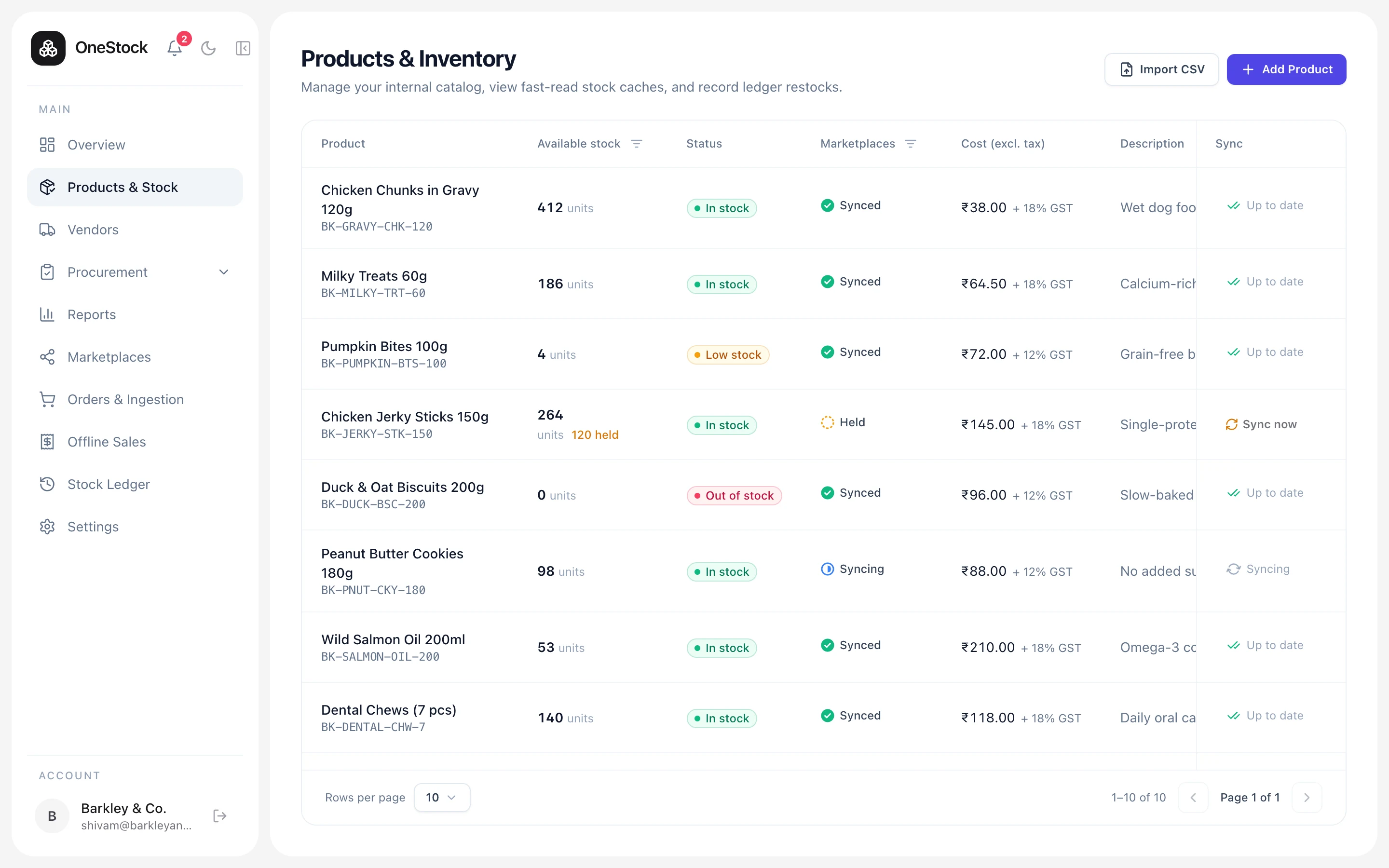 Products & stock screen in OneStock